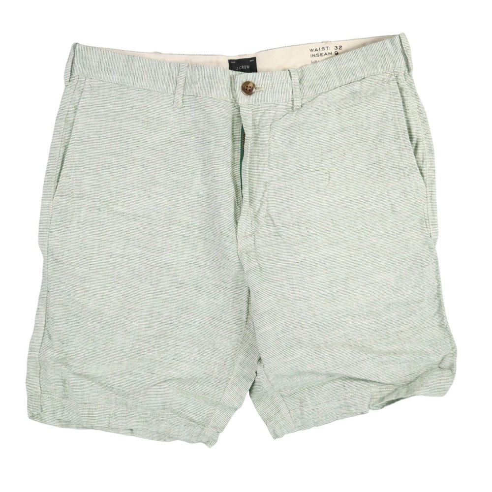 J.Crew Linen Shorts Mens 32 Green 9" Inseam Striped Summer Beach Preppy Chino - Picture 1 of 6